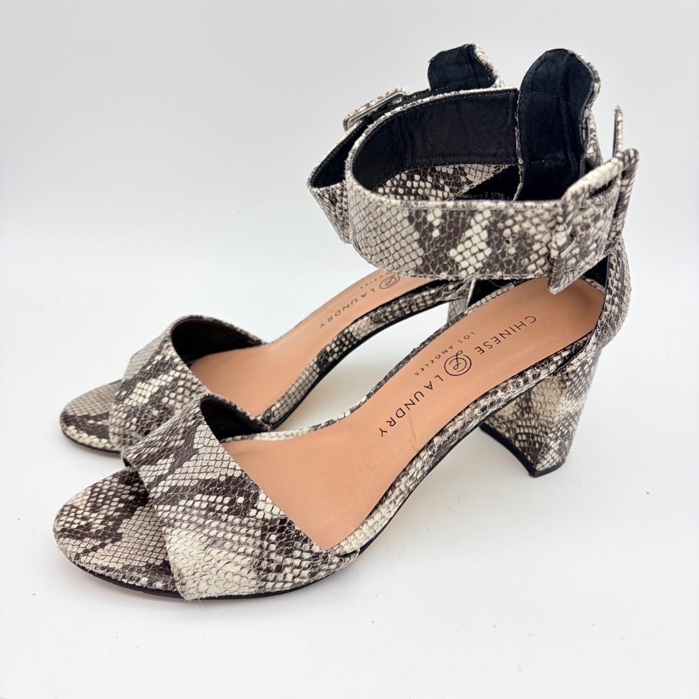 Chinese Laundry Snakeskin Ankle Strap Block Heel Sandals Grey White 7.5M Glam
